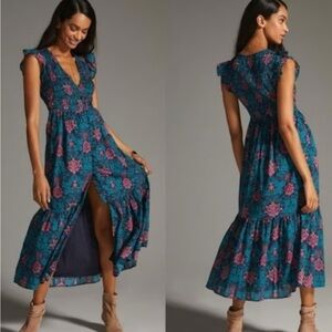 Anthropologie Peregrine Midi Button Front Smocked Dress Teal/ Pink NWOT XS